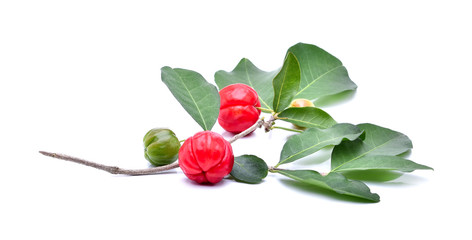 Barbados cherry,Ripe thai cherry with leaf  isolated on white background