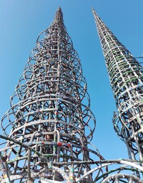 Los Angeles, California - May 9, 2018: WATTS TOWERS by Simon Rodia, architectural structures, located in Simon Rodia State Historic Park, Los Angeles