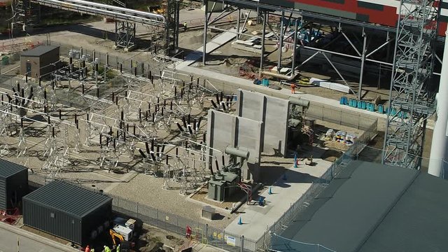 Aerial view of a power station electricity substation