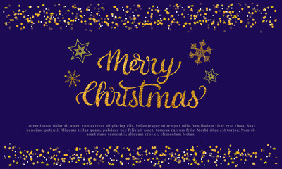 Vector Luxury Gold Foil Calligraphic Merry Christmas Card. Glitter Snowflakes, Stars and Confetti design. Christmas Background with handwritten text for flyers, posters, cards, illustration, 