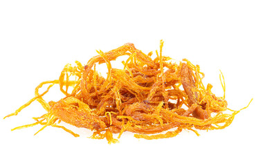 Dried shredded pork isolated on white background.