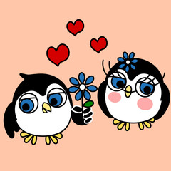 a penguin in love gives a confused girlfriend a flower, and above their head they have hearts, vector Valentine's card in a simple cartoon style
