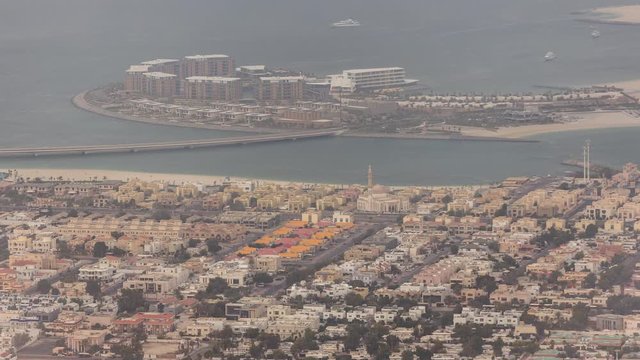 Aerial view of Dubai man made Daria Island, Dubai, United Arab Emirates. Morning view after sunrise from viewpoint