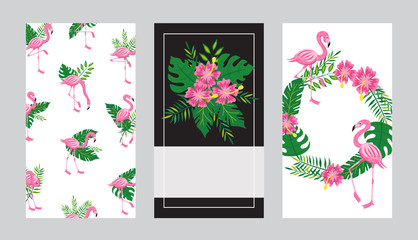 Set of cards templates with flamingo and tropical leaves vector illustration.