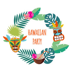 Hawaiian party banner with leaves and mask flat vector illustration isolated.
