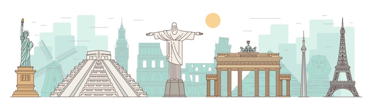 World Famous Landmarks And Monuments Banner, Vector Sketch Color Illustration.