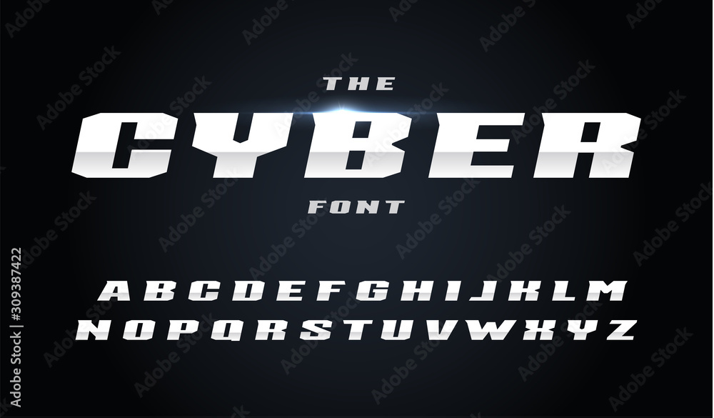 Poster cyber style letters set. bold italic steel alphabet with slant. font for fast and power effect, auto