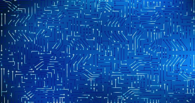 Blue circuit board background with flowing data. Bright technology design with moving lights.