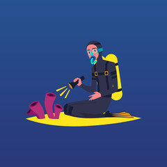 Diver character diving on coral reef seabed, flat cartoon vector illustration.