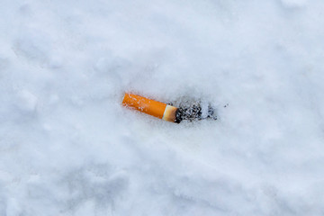 Cigarette butt on the snow.