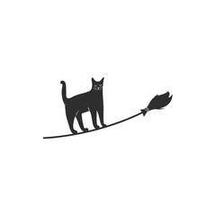 Simple black icon of cute cat on broom. Cute character for traditional christmas holiday Befana and Halloween card.