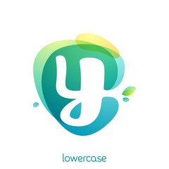 Ecology lowercase letter y logo. Overlapping watercolor font with green leaves.