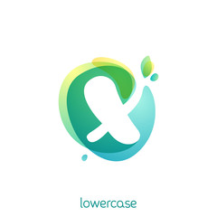 Ecology lowercase letter x logo. Overlapping watercolor font with green leaves.