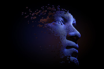 Abstract digital human face.  Artificial intelligence concept of big data or cyber security. 3D illustration 