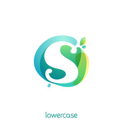 Ecology lowercase letter s logo. Overlapping watercolor font with green leaves.