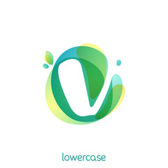 Ecology lowercase letter v logo. Overlapping watercolor font with green leaves.