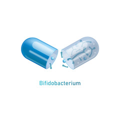 Bifidobacterium - blue probiotic capsule split open with microorganisms spilling out.
