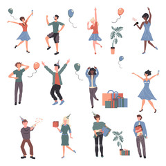 Cheerful people at party cartoon characters set. Young adults having fun flat vector illustrations pack. Joyful men and women dancing and singing. Holiday celebration, discotheque design elements