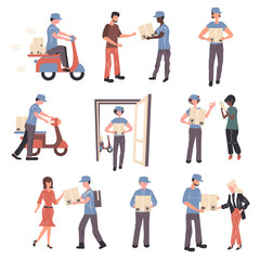 Postal office workers and clients characters set. Parcels express delivery service flat vector illustrations pack. Young people receiving packages. Couriers delivering orders to customers