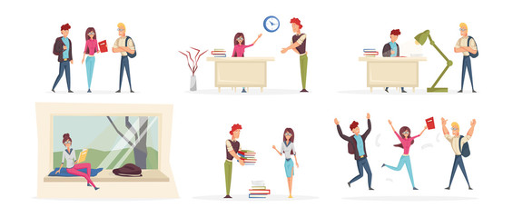 Happy high school students cartoon characters set. Young cheerful people, diligent college pupils flat vector illustrations pack. Smart university students studying, Academic education design elements