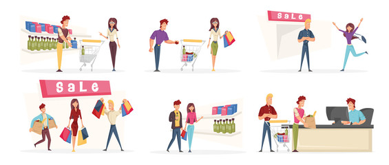People go shopping cartoon characters set. Happy store customers choosing products flat vector illustrations pack. Cheerful shoppers, buyers. Men and women, shopaholics buying goods on sale