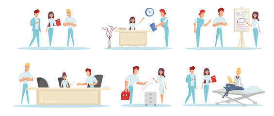 Medical clinic staff, people cartoon characters set. Hospital personnel, healthcare industry workers flat vector illustrations pack. Professional doctors, physicians, nurses. Medical college students