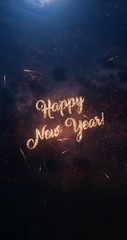 Happy New Year vertical greeting text with particles and sparks on black night sky with colored fireworks on background, beautiful typography magic design, portrait orientation.