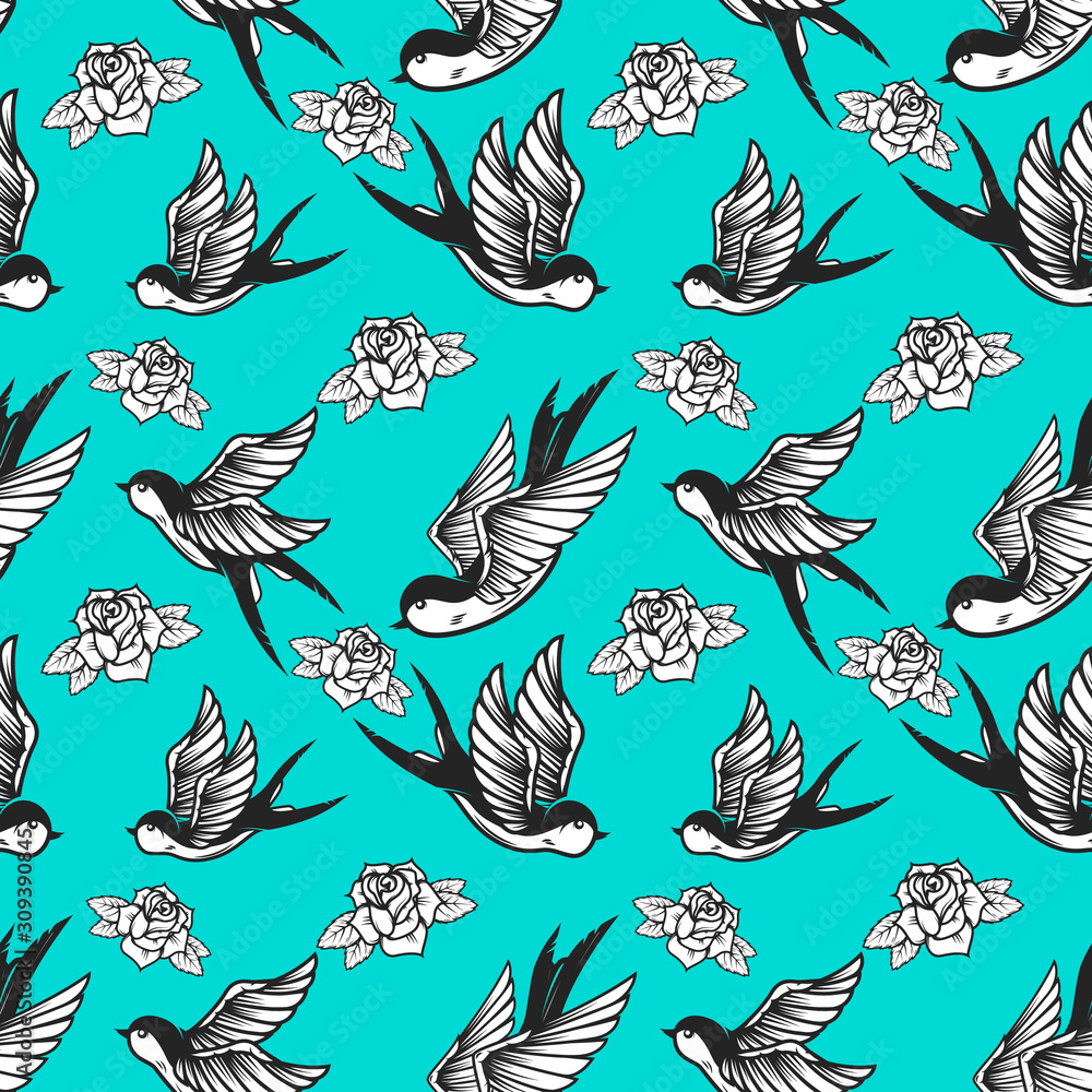 Wall mural Seamless pattern with swallows and roses in old school tattoo style. For poster, card, banner, flyer.