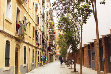 One of the courtyards between two residential buildings in the area of Barceloneta, Barcelona, Spain