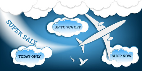 Super sale, up to 70% off. Blue discount banner with aircraft and birds in the clouds. Vector illustration. Design for paper, prints, brochures, covers, banners etc.