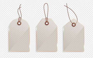 Realistic gold glass price tag. Glass label, paper sale tags mockup blank labels template shopping gift empty stickers with ropes tags vector set
