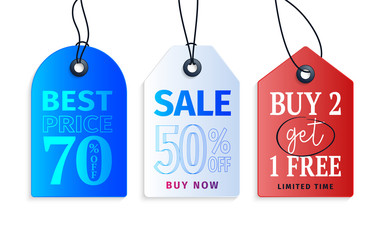 Realistic colorful paper price tag with text stock vector illustration. Cardboard label, paper sale tags mockup labels template shopping gift stickers with ropes tags and copy space for text