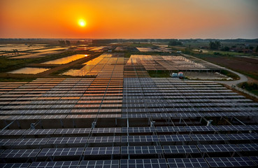 Aerial sunset solar photovoltaic outdoors