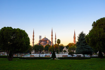 Morning view of Sultanahmet Blue Mosque, one minaret missing due to restoration work in Istanbul, Turkey