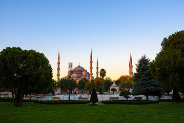 Morning view of Sultanahmet Blue Mosque, one minaret missing due to restoration work in Istanbul,...