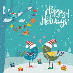 Cartoon illustration for holiday theme with happy birds on winter background with trees and snow. Greeting card for Merry Christmas and Happy New Year. .Vector illustration.