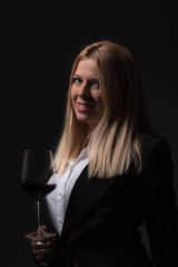 Elegant Woman Sommelier Holding Glass of Red Wine – Luxury Wine Tasting, Fine Dining, Alcohol Beverage Aroma Testing Portrait