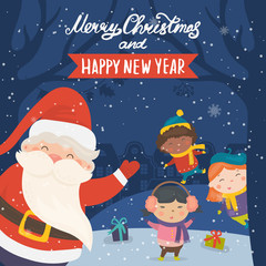 Cartoon illustration for holiday theme with happy Santa Claus and children on winter background with trees and snow. Greeting card for Merry Christmas and Happy New Year. .Vector illustration.