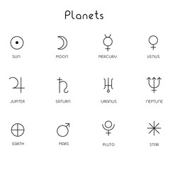 Planets in line art black and white color