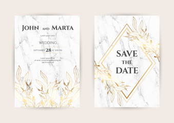 Luxury Marble Wedding invitation cards with gold geometric polygonal lines vector design template. Trendy templates for banner, flyer, poster, greeting. eps10