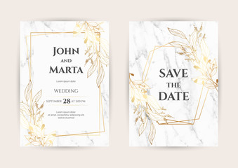 Luxury Marble Wedding invitation cards with gold geometric polygonal lines vector design template. Trendy templates for banner, flyer, poster, greeting. eps10