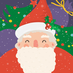Cartoon illustration for holiday theme with happy Santa Claus on winter background with trees and snow. Greeting card for Merry Christmas and Happy New Year.Vector illustration.