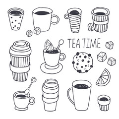 Tea time vector collection, coffee break background, hand drawn doodle plastic coffee and tea cups set with dessert, sugar, lemon, mint isolated on white background with text