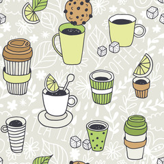 Tea time vector seamless pattern, coffee break background, hand drawn doodle plastic coffee and tea cups with dessert, sugar, lemon, mint on floral leaf background