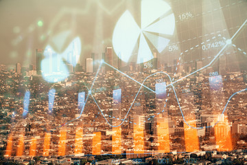 Forex chart on cityscape with skyscrapers wallpaper double exposure. Financial research concept.