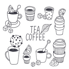 Tea time vector collection, coffee break background, hand drawn doodle plastic coffee and tea cups set with dessert, sugar, lemon, mint isolated on white background