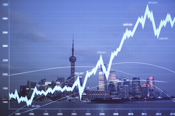 Obraz premium Forex chart on cityscape with tall buildings background multi exposure. Financial research concept.