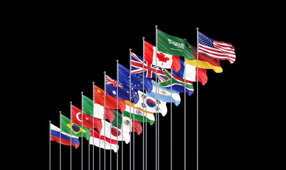 Waving flags countries of members Group of Twenty. Big G20 21–22 November 2020 in the capital city of Riyadh, Saudi Arabia. Isolated on black. 3d rendering.  Illustration.