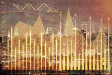 Double exposure of forex chart drawings over cityscape background. Concept of success.