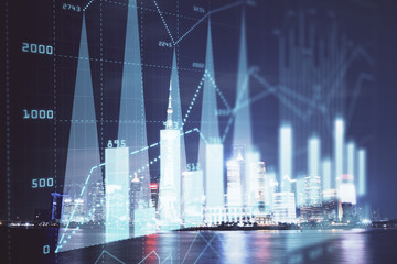 Financial graph on night city scape with tall buildings background multi exposure. Analysis concept.